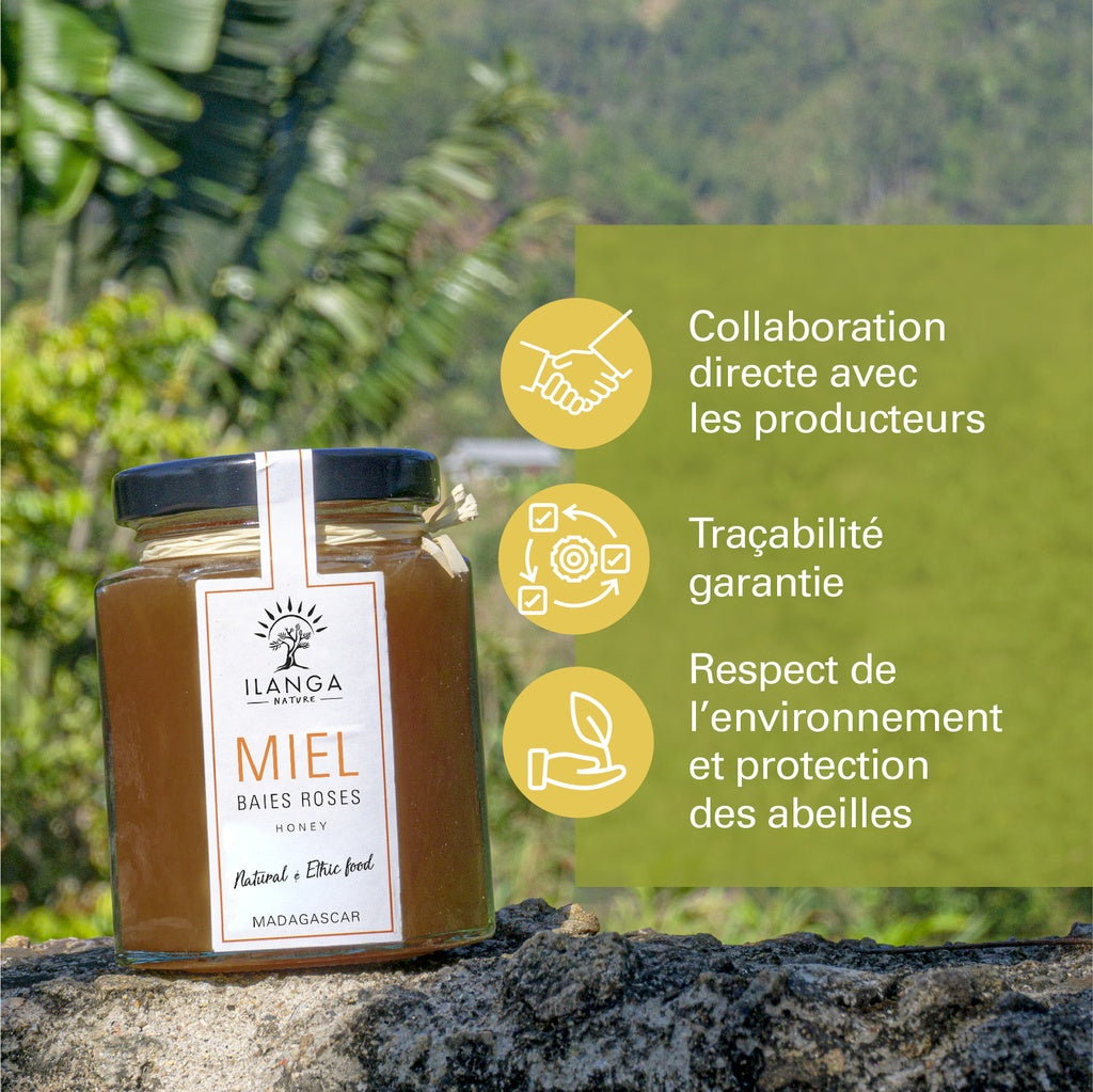 Miel de Baies Roses : conserve toutes ses saveurs et sa senteur de par sa récolte manuelle Madagascar 250g